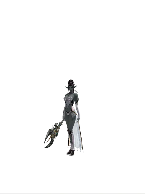 Barakiel's Axe on a female Dark Elf, front view