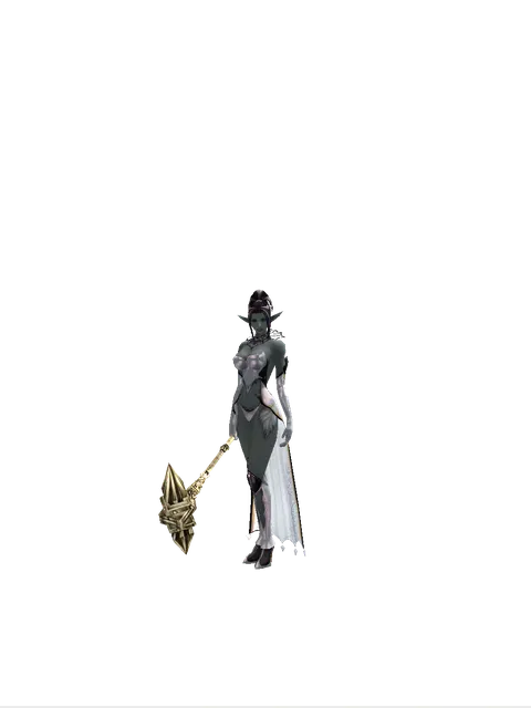 Dwarven War Hammer on a female Dark Elf, front view