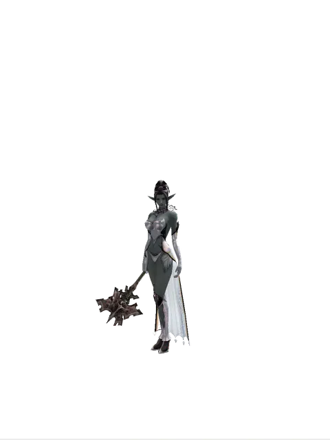 Silver Axe on a female Dark Elf, front view