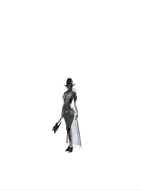 Tomahawk on a female Dark Elf, front view