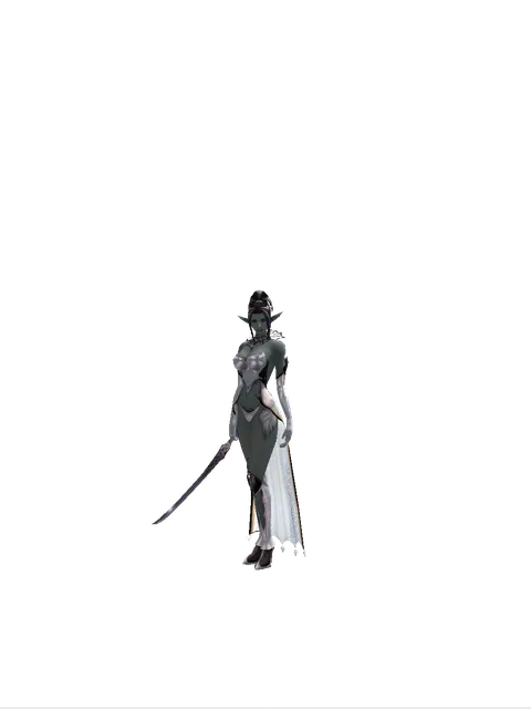 Mysterious Sword on a female Dark Elf, front view