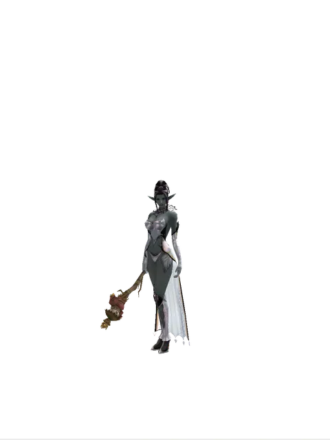 Scarecrow Transformation Stick on a female Dark Elf, front view