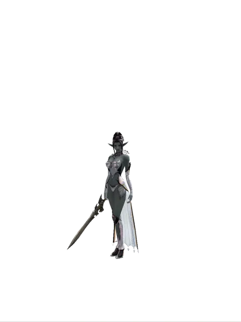 Sword of Whispering Death on a female Dark Elf, front view
