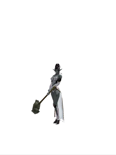Dwarven Hammer on a female Dark Elf, front view