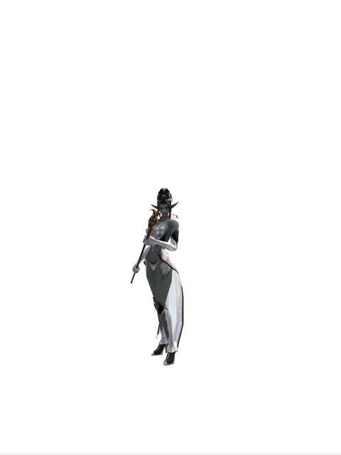 Goat Head Staff on a female Dark Elf, front view
