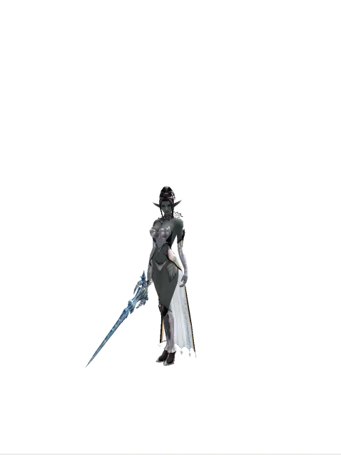 Sirra's Blade on a female Dark Elf, front view