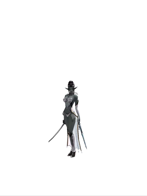 Katana*Caliburs on a female Dark Elf, front view
