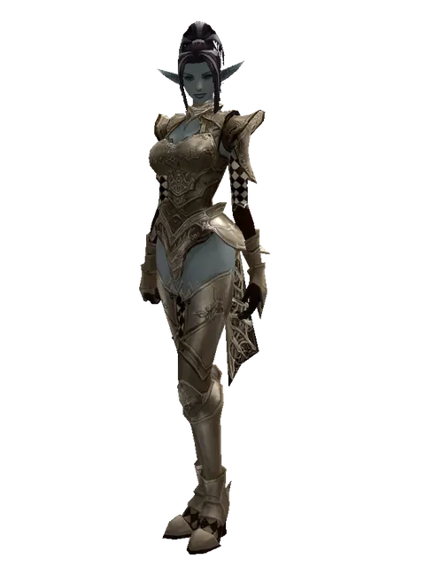 Fullplate (heavy armor) on a female Dark Elf, front view