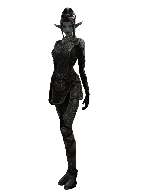 Ring Mail (heavy armor) on a female Dark Elf, front view