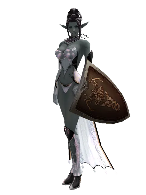 Brigandine Shield on a female Dark Elf, front view