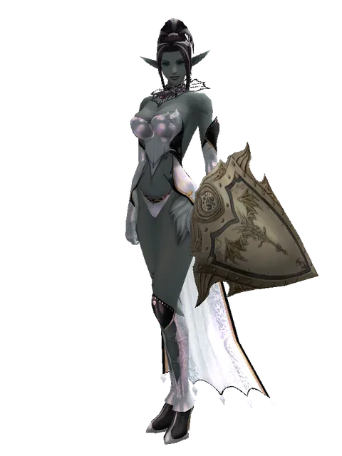 Full Plate Shield on a female Dark Elf, front view