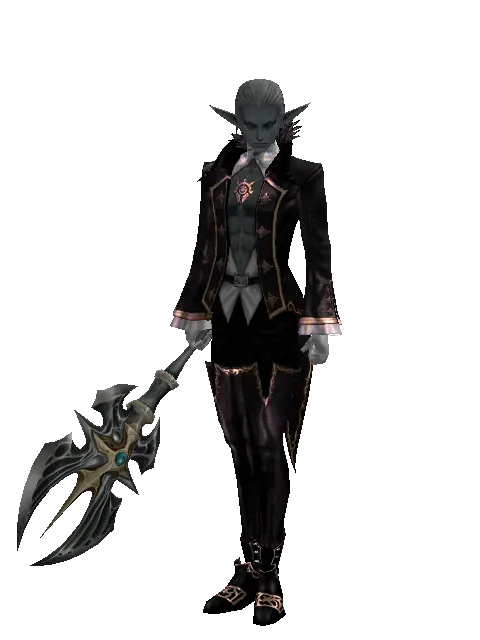 Barakiel's Axe on a male Dark Elf, front view