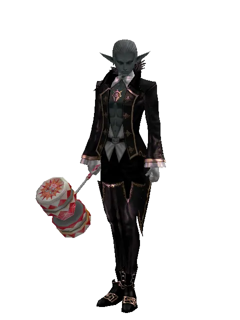 Red Clown Hammer on a male Dark Elf, front view