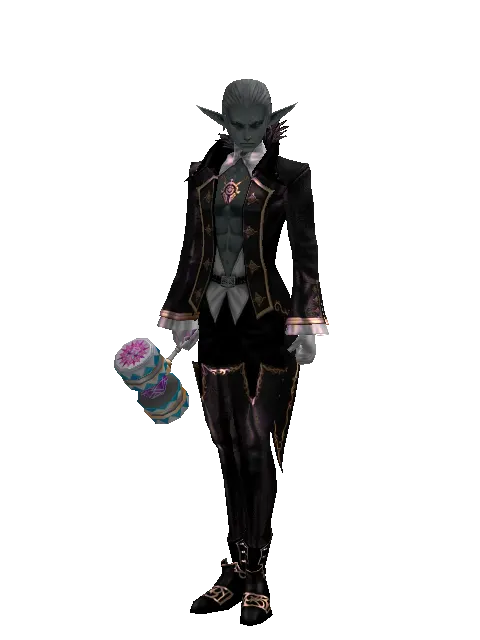 Small Blue Clown Hammer on a male Dark Elf, front view