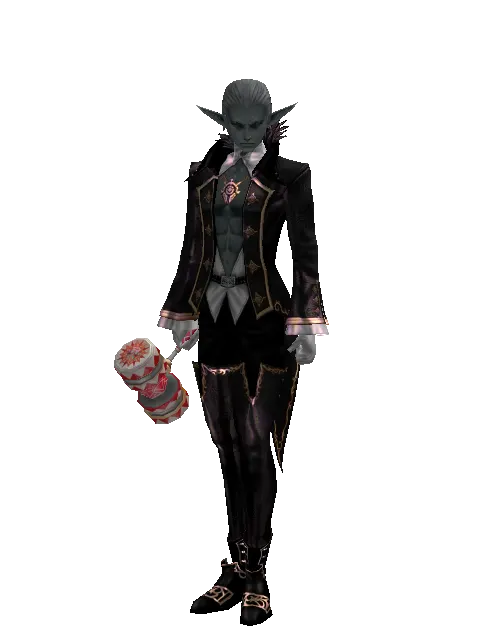 Small Red Clown Hammer on a male Dark Elf, front view