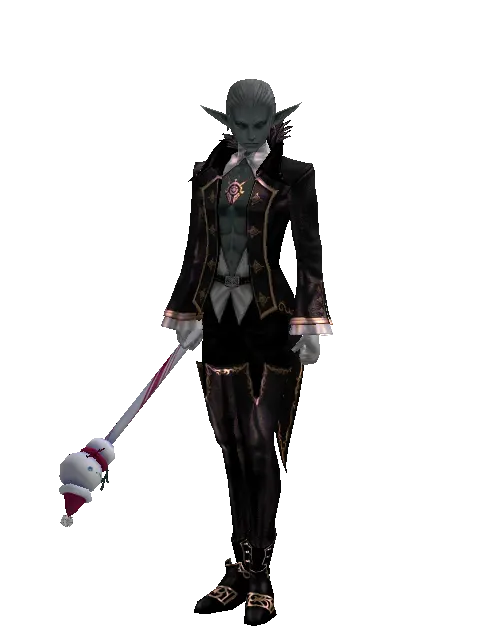 Snowman Transformation Stick on a male Dark Elf, front view