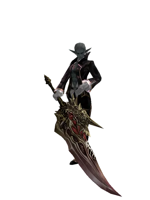 Demonic Sword Zariche on a male Dark Elf, front view
