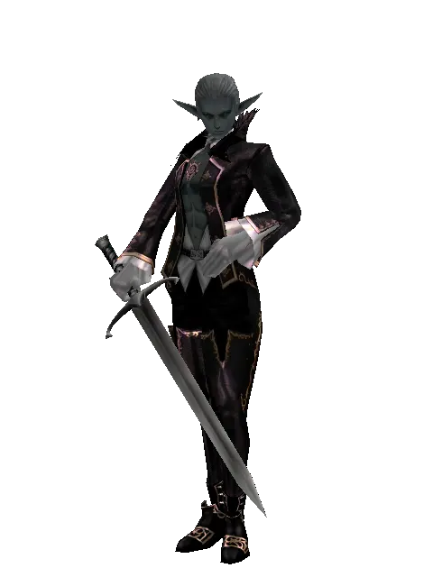 Red Sunset Sword on a male Dark Elf, front view