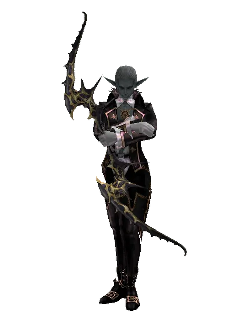 Dark Elven Long Bow on a male Dark Elf, front view