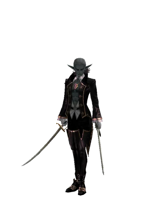 Saber*Bastard Sword on a male Dark Elf, front view