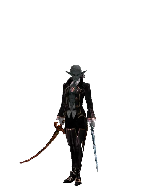 Shamshir*Caliburs on a male Dark Elf, front view