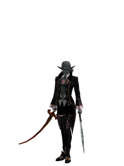 Shamshir*Tsurugi on a male Dark Elf, front view