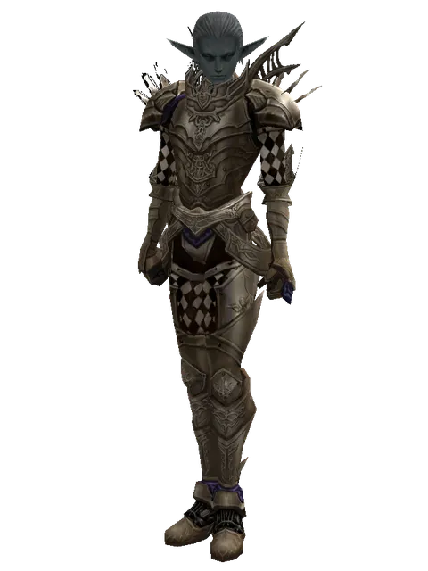 Fullplate (heavy armor) on a male Dark Elf, front view