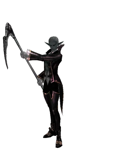 Scythe on a male Dark Elf, front view