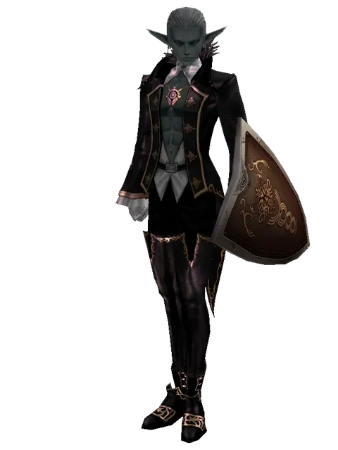 Brigandine Shield on a male Dark Elf, front view