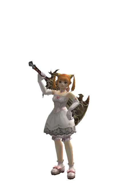 Sword of Ipos on a female Dwarf, front view
