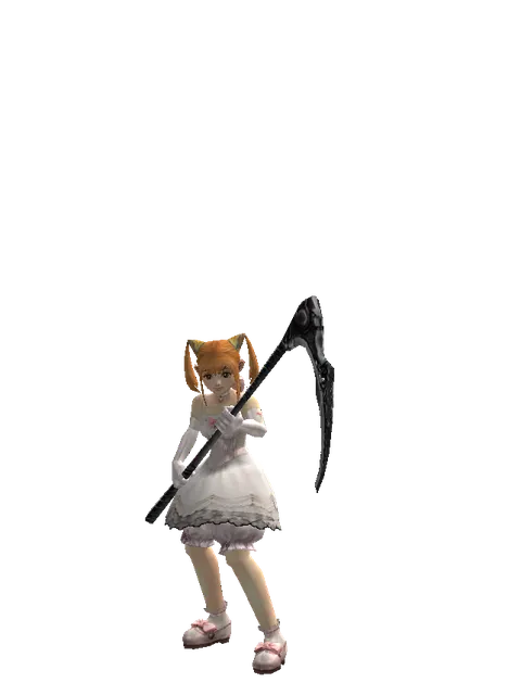Scythe on a female Dwarf, front view