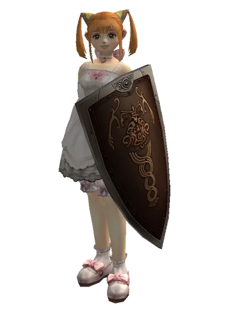 Brigandine Shield on a female Dwarf, front view