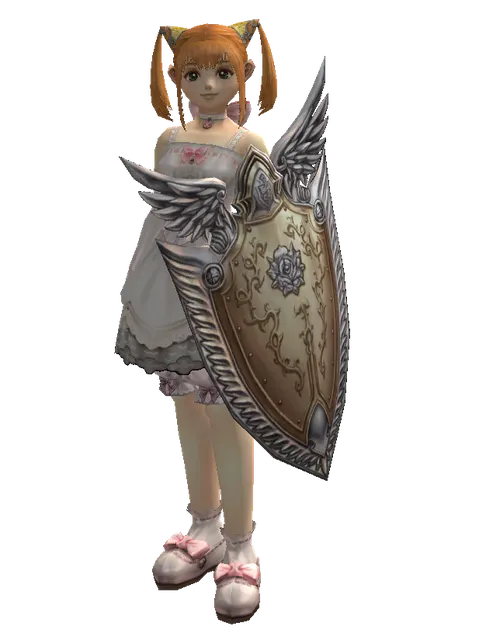 Imperial Crusader Shield on a female Dwarf, front view