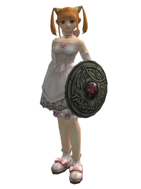 Shield of Pledge on a female Dwarf, front view