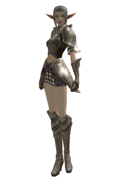 Fullplate (heavy armor) on a female Elf, front view