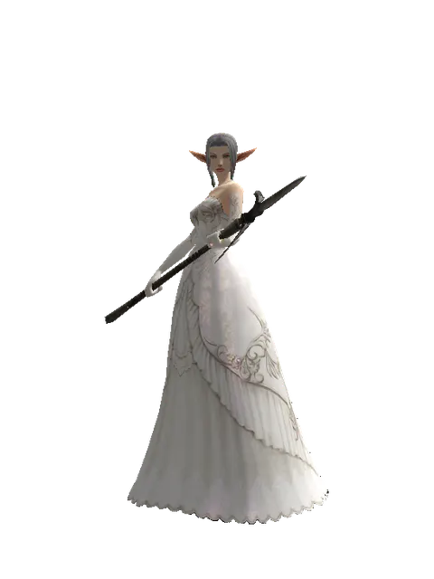 Winged Spear on a female Elf, front view