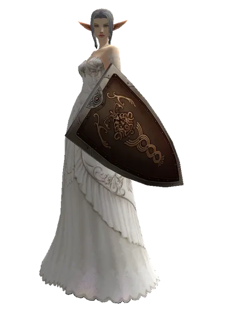 Brigandine Shield on a female Elf, front view