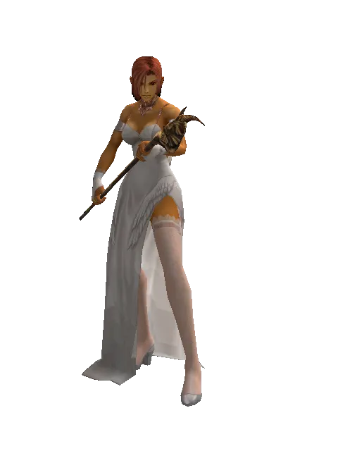 Goat Head Staff on a female Human fighter, front view