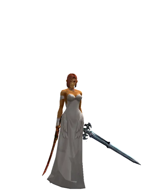 Shamshir*Caliburs on a female Human fighter, front view