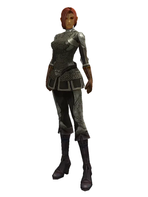 Ring Mail (heavy armor) on a female Human fighter, front view