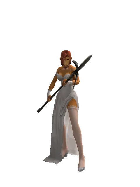 Winged Spear on a female Human fighter, front view