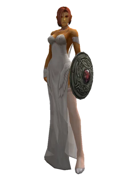 Shield of Pledge on a female Human fighter, front view