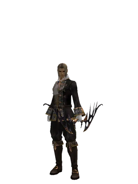 Traveler's Dark Elven Bow on a male Human fighter, front view