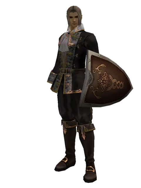Brigandine Shield on a male Human fighter, front view
