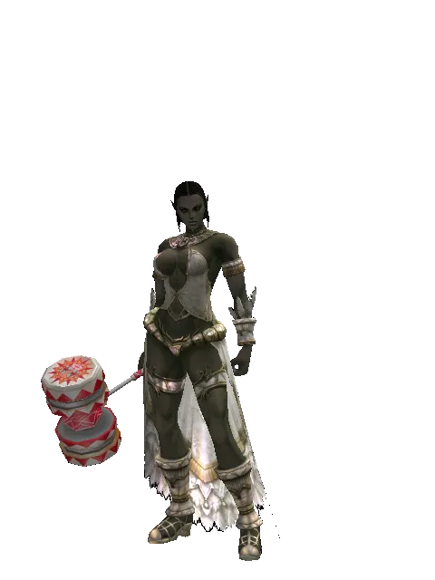 Red Clown Hammer on a female Orc fighter, front view