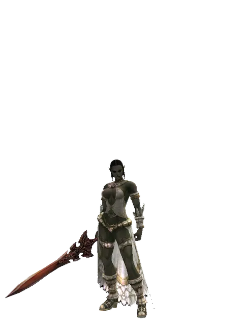 Homunkulus's Sword on a female Orc fighter, front view
