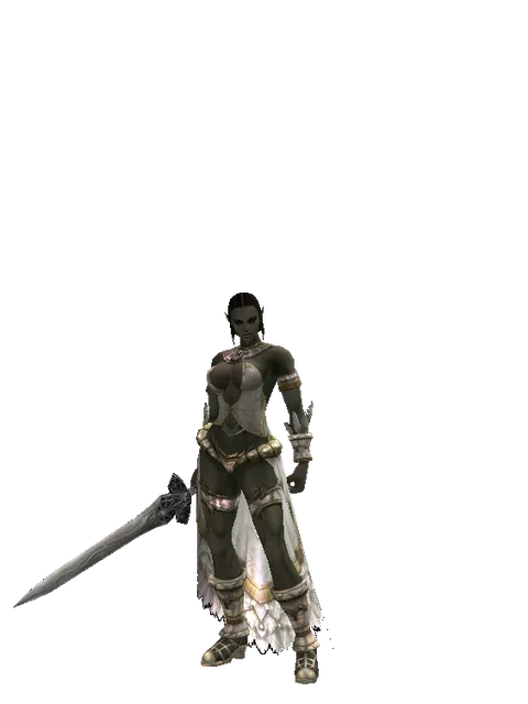 Sword of Mystic on a female Orc fighter, front view
