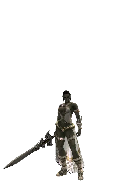 Sword of Whispering Death on a female Orc fighter, front view