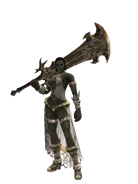 Sword of Ipos on a female Orc fighter, front view