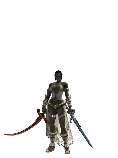 Shamshir*Caliburs on a female Orc fighter, front view